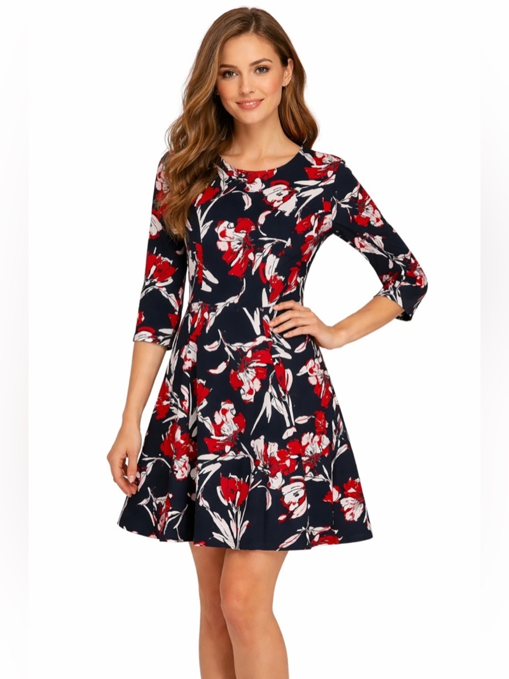 Banana Republic Black White Red Floral Knit Fit & Flare Dress Size 4
